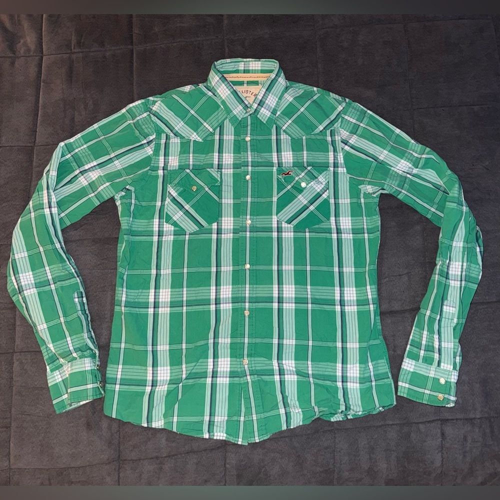 Hollister Green Button Up Long Sleeve Plaid Shirt size XL Y2K